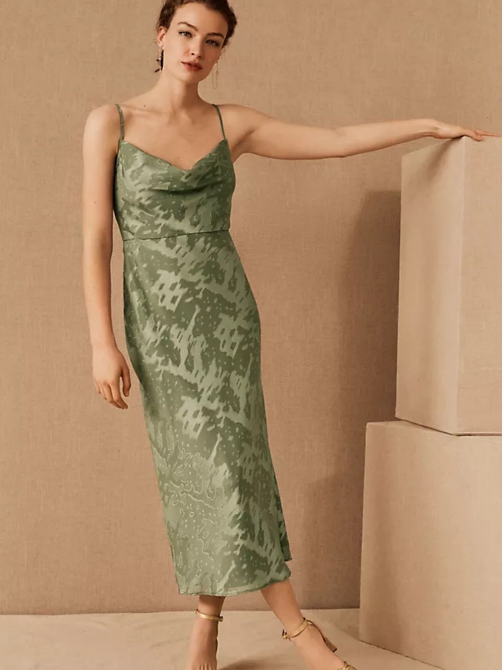 Hutch Midi Slip Dress with Cowl Neck in Olive Green Sz 2 Elegant